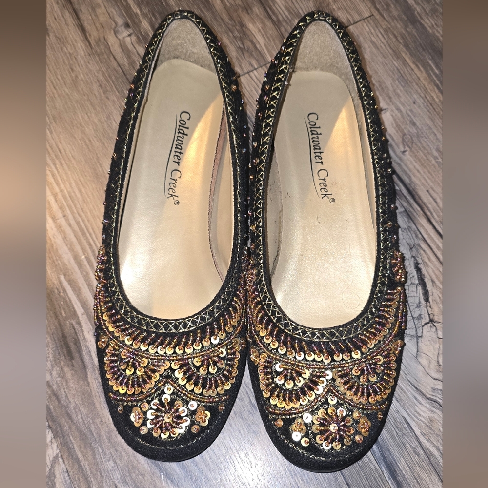 Coldwater Creek Black and Gold Loafers with Embellished Design